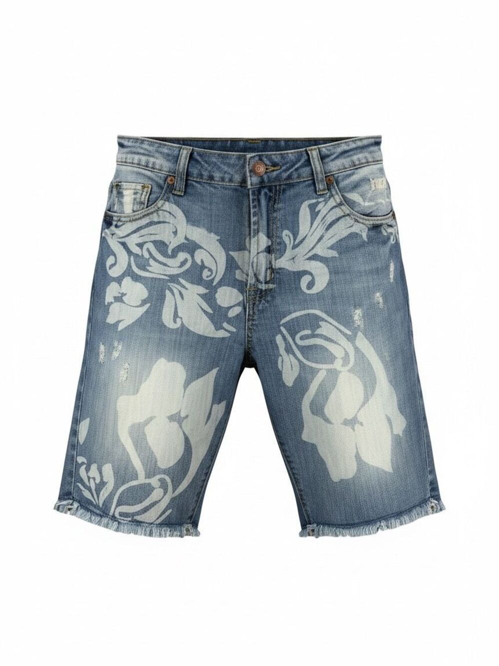 Copper Rivet Floral Laser Etch Distressed Fray Hem Men's Denim Shorts Size 36
